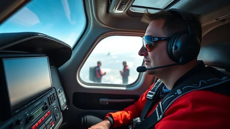 Photorealistic, professional photography, 8K, cinematic lighting, sharp focus, depth of field, shot on a high-end DSLR. A professional-looking skydiving pilot, wearing a headset, in the cockpit of a jump plane, communicating with ground crew. Visible in the background through the window are manifest staff actively coordinating, creating a sense of seamless air-to-ground communication and teamwork. Photorealistic, professional photography, 8K, cinematic lighting, sharp focus, depth of field, shot on a high-end DSLR. A professional-looking skydiving pilot, wearing a headset, in the cockpit of a jump plane, communicating with ground crew. Visible in the background through the window are manifest staff actively coordinating, creating a sense of seamless air-to-ground communication and teamwork.