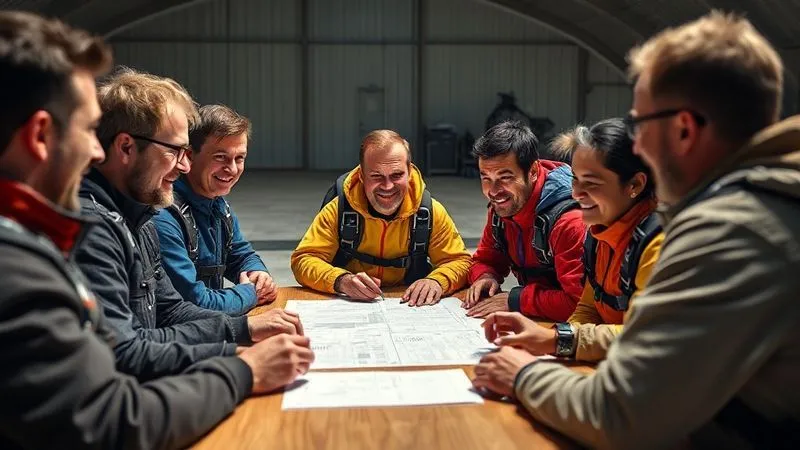 Photorealistic, professional photography, 8K, cinematic lighting, sharp focus, depth of field, shot on a high-end DSLR. A diverse group of skydivers, smiling and engaged, gathered around a table at a dropzone, reviewing a jump plan together with a manifest staff member, fostering a sense of community, shared responsibility, and proactive safety discussion. The mood is collaborative and positive. Photorealistic, professional photography, 8K, cinematic lighting, sharp focus, depth of field, shot on a high-end DSLR. A diverse group of skydivers, smiling and engaged, gathered around a table at a dropzone, reviewing a jump plan together with a manifest staff member, fostering a sense of community, shared responsibility, and proactive safety discussion. The mood is collaborative and positive.