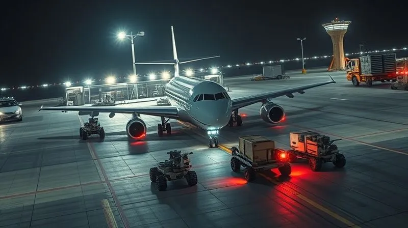 A photorealistic high-angle shot of a futuristic spaceport tarmac at night, illuminated by smart, energy-efficient LED lights. Automated robotic ground vehicles are autonomously transporting components and supplies around a sleek spaceplane. Cinematic lighting, sharp focus on the automated operations, depth of field blurring the distant control tower, 8K hyper-detailed, shot on a high-end DSLR. A photorealistic high-angle shot of a futuristic spaceport tarmac at night, illuminated by smart, energy-efficient LED lights. Automated robotic ground vehicles are autonomously transporting components and supplies around a sleek spaceplane. Cinematic lighting, sharp focus on the automated operations, depth of field blurring the distant control tower, 8K hyper-detailed, shot on a high-end DSLR.