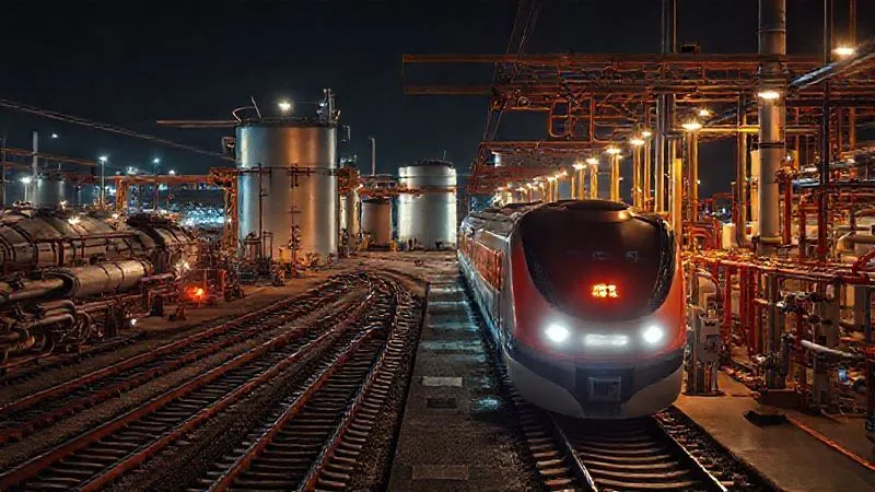 A photorealistic image of a futuristic rail yard at night, with a hydrogen fuel cell train being refueled at a glowing, advanced station, surrounded by intricate pipes and storage tanks under cinematic lighting. The scene emphasizes complex infrastructure and innovation, 8K, sharp focus, depth of field, shot on a high-end DSLR.