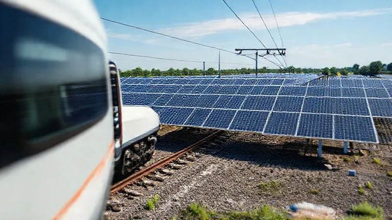 A photorealistic, professional photography, 8K, cinematic lighting, sharp focus, depth of field, shot on a high-end DSLR, showing a modern electric train passing a vast solar panel farm integrated seamlessly alongside the railway tracks under a clear blue sky. The scene evokes sustainable energy and efficient transport infrastructure.