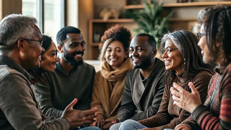 A photorealistic image depicting a diverse group of people from different cultural backgrounds engaged in a deep, empathetic conversation. Their body language is open and receptive, with some leaning in, making soft eye contact, and nodding. The setting is warm and inviting, perhaps a community gathering space, with soft, natural lighting. Focus on the expressions of understanding and connection. 8K, professional photography, depth of field. A photorealistic image depicting a diverse group of people from different cultural backgrounds engaged in a deep, empathetic conversation. Their body language is open and receptive, with some leaning in, making soft eye contact, and nodding. The setting is warm and inviting, perhaps a community gathering space, with soft, natural lighting. Focus on the expressions of understanding and connection. 8K, professional photography, depth of field.