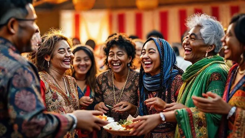 A photorealistic, vibrant image of a diverse group of people from various cultural backgrounds, including volunteers and local community members, enthusiastically participating in a traditional cultural celebration. They are laughing, sharing food, and enjoying music or dance. The scene is filled with warm, inviting light, showcasing joy, connection, and mutual respect. 8K, professional photography, depth of field, cinematic lighting. A photorealistic, vibrant image of a diverse group of people from various cultural backgrounds, including volunteers and local community members, enthusiastically participating in a traditional cultural celebration. They are laughing, sharing food, and enjoying music or dance. The scene is filled with warm, inviting light, showcasing joy, connection, and mutual respect. 8K, professional photography, depth of field, cinematic lighting.