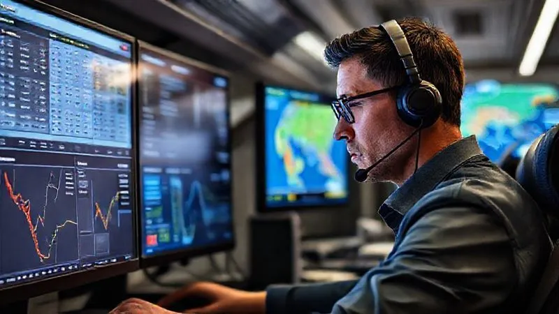 Photorealistic, professional photography, 8K, cinematic lighting, sharp focus, depth of field. A focused travel specialist, wearing a headset, intently scrutinizing multiple computer screens displaying real-time train schedules, route maps, and client itineraries. There's a sense of urgency and deep concentration as they cross-reference information to verify a disruption.