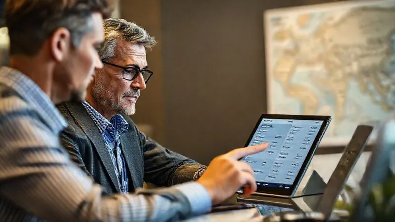 Photorealistic, professional photography, 8K, cinematic lighting, sharp focus, depth of field. A calm, professional travel agent sitting at a desk, gently pointing to a tablet screen displaying several alternative train routes and schedules to a client who appears relieved. The client is listening attentively, and the agent's posture conveys reassurance and expertise. A travel map is subtly blurred in the background.