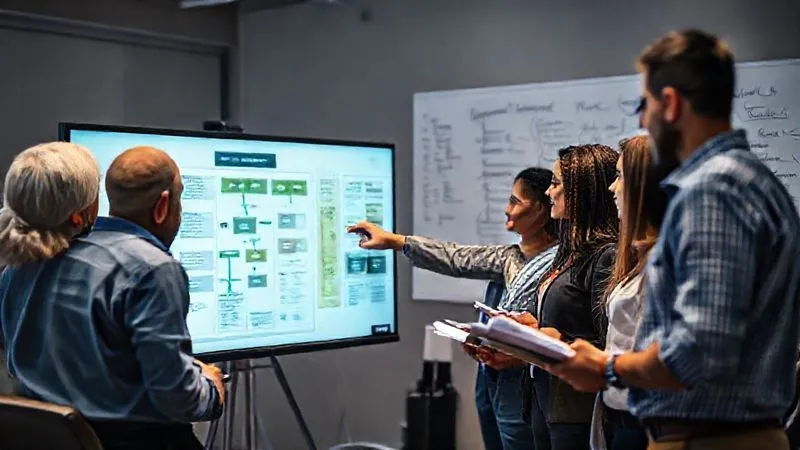 Photorealistic, professional photography, 8K, cinematic lighting, sharp focus, depth of field. A diverse team of travel specialists gathered around a large monitor, actively discussing a flow chart or process map for crisis management. One team member is pointing to a section, while others are taking notes. The atmosphere is collaborative and focused on improvement, with a whiteboard in the background filled with ideas and action items.
