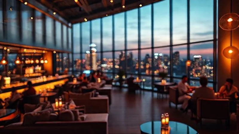 A photorealistic, professional photography, 8K, cinematic lighting, sharp focus, depth of field, shot on a high-end DSLR, of a chic, modern rooftop bar interior at dusk. Soft, warm lighting illuminates comfortable lounge seating and elegant patrons, with the blurred, glittering city lights visible through large glass panels. The atmosphere is sophisticated and inviting. A photorealistic, professional photography, 8K, cinematic lighting, sharp focus, depth of field, shot on a high-end DSLR, of a chic, modern rooftop bar interior at dusk. Soft, warm lighting illuminates comfortable lounge seating and elegant patrons, with the blurred, glittering city lights visible through large glass panels. The atmosphere is sophisticated and inviting.