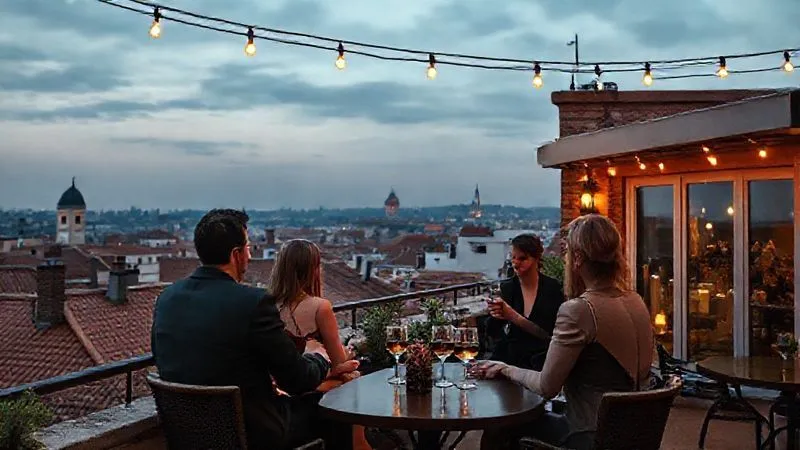 A photorealistic, professional photography, 8K, cinematic lighting, sharp focus, depth of field, shot on a high-end DSLR, of a charming, intimate rooftop terrace bar in an old European city. The view showcases historic terracotta rooftops and a distant, iconic landmark. Soft, warm string lights are strung overhead, and a few elegantly dressed patrons are enjoying quiet conversations over aperitivos. The atmosphere is cozy and exclusive. A photorealistic, professional photography, 8K, cinematic lighting, sharp focus, depth of field, shot on a high-end DSLR, of a charming, intimate rooftop terrace bar in an old European city. The view showcases historic terracotta rooftops and a distant, iconic landmark. Soft, warm string lights are strung overhead, and a few elegantly dressed patrons are enjoying quiet conversations over aperitivos. The atmosphere is cozy and exclusive.