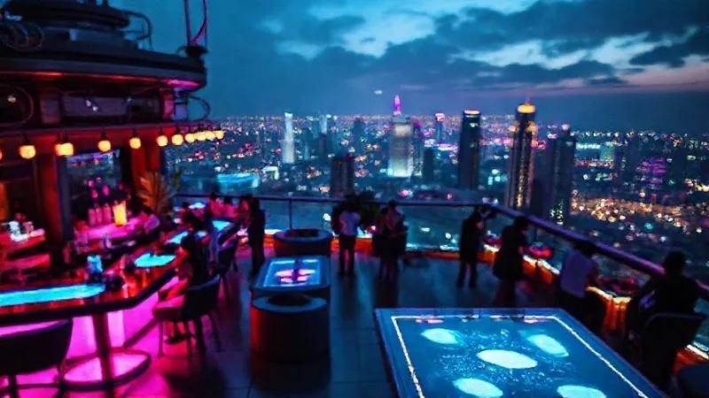 A photorealistic, professional photography, 8K, cinematic lighting, sharp focus, depth of field, shot on a high-end DSLR, of a futuristic, themed rooftop bar at night. Neon lights illuminate unique architectural elements and patrons interacting with interactive art installations. A stunning, slightly blurred cityscape glows in the background, enhancing the sense of a cutting-edge, immersive experience. A photorealistic, professional photography, 8K, cinematic lighting, sharp focus, depth of field, shot on a high-end DSLR, of a futuristic, themed rooftop bar at night. Neon lights illuminate unique architectural elements and patrons interacting with interactive art installations. A stunning, slightly blurred cityscape glows in the background, enhancing the sense of a cutting-edge, immersive experience.