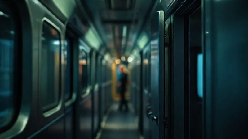 Photorealistic, professional photography, 8K, cinematic lighting, sharp focus, depth of field, shot on a high-end DSLR. A dimly lit interior of a European overnight train corridor, with a blurred figure in the distance, suggesting a subtle presence. The focus is on a slightly ajar compartment door, hinting at vulnerability. The mood is slightly suspenseful but not overtly frightening, emphasizing the need for vigilance. Photorealistic, professional photography, 8K, cinematic lighting, sharp focus, depth of field, shot on a high-end DSLR. A dimly lit interior of a European overnight train corridor, with a blurred figure in the distance, suggesting a subtle presence. The focus is on a slightly ajar compartment door, hinting at vulnerability. The mood is slightly suspenseful but not overtly frightening, emphasizing the need for vigilance.