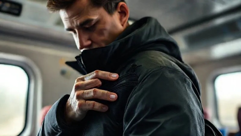 Photorealistic, professional photography, 8K, cinematic lighting, sharp focus, depth of field, shot on a high-end DSLR. A traveler discreetly securing a small, dark anti-theft pouch under their jacket in a train compartment, with a focused expression. The background shows a soft blur of a train interior, suggesting privacy and personal security. The lighting is subtle and practical, emphasizing the act of safeguarding. Photorealistic, professional photography, 8K, cinematic lighting, sharp focus, depth of field, shot on a high-end DSLR. A traveler discreetly securing a small, dark anti-theft pouch under their jacket in a train compartment, with a focused expression. The background shows a soft blur of a train interior, suggesting privacy and personal security. The lighting is subtle and practical, emphasizing the act of safeguarding.
