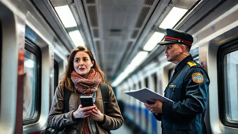 Photorealistic, professional photography, 8K, cinematic lighting, sharp focus, depth of field, shot on a high-end DSLR. A distraught but composed traveler speaking with a uniformed train conductor in a well-lit European train corridor, pointing towards a luggage rack. The traveler holds a phone, and the conductor has a notepad, indicating a report is being made. The scene conveys a sense of problem-solving and support. Photorealistic, professional photography, 8K, cinematic lighting, sharp focus, depth of field, shot on a high-end DSLR. A distraught but composed traveler speaking with a uniformed train conductor in a well-lit European train corridor, pointing towards a luggage rack. The traveler holds a phone, and the conductor has a notepad, indicating a report is being made. The scene conveys a sense of problem-solving and support.