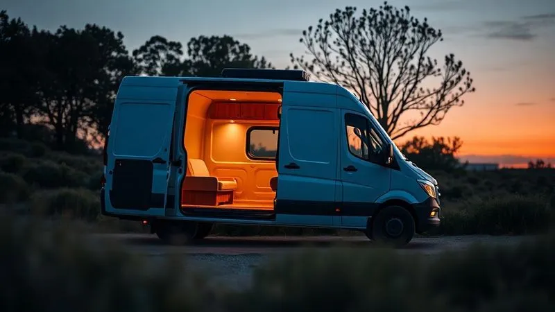 A photorealistic, professional photography shot of a nondescript white cargo van parked discreetly in a natural landscape at dusk, with subtle internal lighting hinting at a comfortable but hidden interior. 8K, cinematic lighting, sharp focus on the van, depth of field blurring the background, shot on a high-end DSLR.