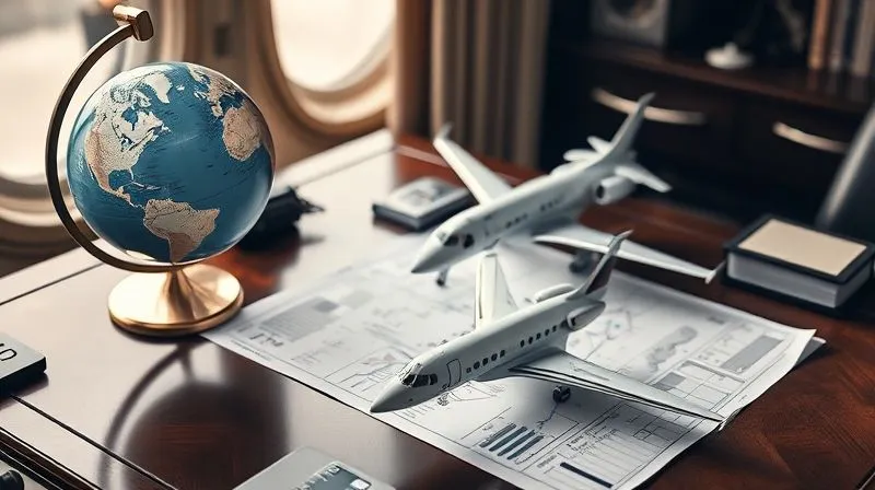 A photorealistic, professional photography, 8K, cinematic lighting, sharp focus, depth of field, shot on a high-end DSLR of a detailed, elegant desk with a globe, a meticulously organized flight plan, and a private jet model, conveying proactive planning and strategic foresight in luxury travel. A photorealistic, professional photography, 8K, cinematic lighting, sharp focus, depth of field, shot on a high-end DSLR of a detailed, elegant desk with a globe, a meticulously organized flight plan, and a private jet model, conveying proactive planning and strategic foresight in luxury travel.