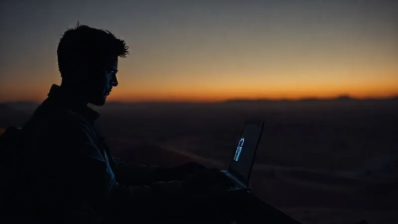 A photorealistic image of a lone traveler, silhouetted against a vast desert landscape, working intently on a laptop, with a subtle digital padlock icon shimmering over the screen, cinematic lighting, sharp focus, depth of field, 8K hyper-detailed.