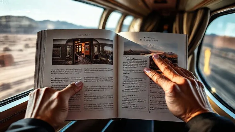 A photorealistic image of a detailed travel itinerary booklet, open to a page showing a luxury train with a panoramic view, with elegant hands pointing to a bespoke section, cinematic lighting, sharp focus, depth of field, shot on a high-end DSLR. A photorealistic image of a detailed travel itinerary booklet, open to a page showing a luxury train with a panoramic view, with elegant hands pointing to a bespoke section, cinematic lighting, sharp focus, depth of field, shot on a high-end DSLR.