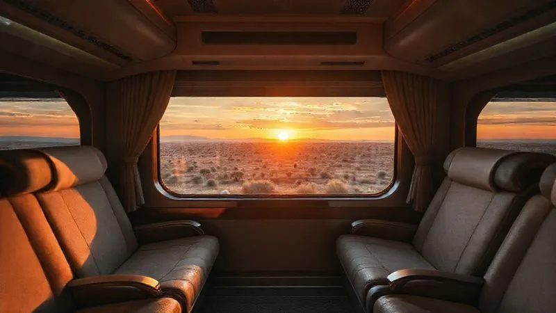A photorealistic, professional photography, 8K, cinematic lighting, sharp focus, depth of field, shot on a high-end DSLR, showing a luxury train interior with plush seating, and a strategic window view perfectly framed for a stunning sunset over a vast wilderness, with no glare, evoking a sense of perfect positioning and serene exclusivity. A photorealistic, professional photography, 8K, cinematic lighting, sharp focus, depth of field, shot on a high-end DSLR, showing a luxury train interior with plush seating, and a strategic window view perfectly framed for a stunning sunset over a vast wilderness, with no glare, evoking a sense of perfect positioning and serene exclusivity.