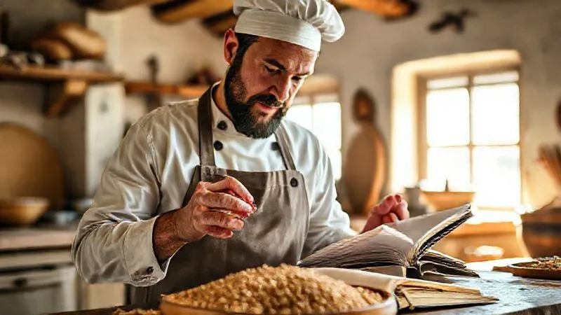 A photorealistic image of a chef in a rustic, sunlit kitchen, examining a bowl of ancient, heirloom grains, a notebook open beside them, professional photography, 8K, cinematic lighting, sharp focus on the grains and chef's contemplative expression, depth of field blurring the background, shot on a high-end DSLR, evoking discovery and deep learning. A photorealistic image of a chef in a rustic, sunlit kitchen, examining a bowl of ancient, heirloom grains, a notebook open beside them, professional photography, 8K, cinematic lighting, sharp focus on the grains and chef's contemplative expression, depth of field blurring the background, shot on a high-end DSLR, evoking discovery and deep learning.