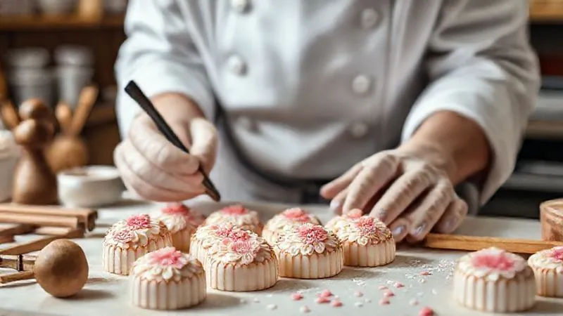 A photorealistic image of a chef meticulously decorating delicate Japanese wagashi pastries with intricate floral designs, surrounded by traditional Japanese baking tools, soft studio lighting, sharp focus on the chef's hands and the pastries, depth of field blurring the background, 8K hyper-detailed. A photorealistic image of a chef meticulously decorating delicate Japanese wagashi pastries with intricate floral designs, surrounded by traditional Japanese baking tools, soft studio lighting, sharp focus on the chef's hands and the pastries, depth of field blurring the background, 8K hyper-detailed.