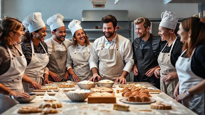 A diverse group of professional chefs from around the world, wearing aprons, laughing and collaborating over a large table filled with various baking ingredients and half-finished pastries in a modern, well-lit kitchen, professional photography, 8K, cinematic lighting, sharp focus on the chefs' joyful interaction, depth of field blurring the background, shot on a high-end DSLR, conveying camaraderie and shared passion. A diverse group of professional chefs from around the world, wearing aprons, laughing and collaborating over a large table filled with various baking ingredients and half-finished pastries in a modern, well-lit kitchen, professional photography, 8K, cinematic lighting, sharp focus on the chefs' joyful interaction, depth of field blurring the background, shot on a high-end DSLR, conveying camaraderie and shared passion.