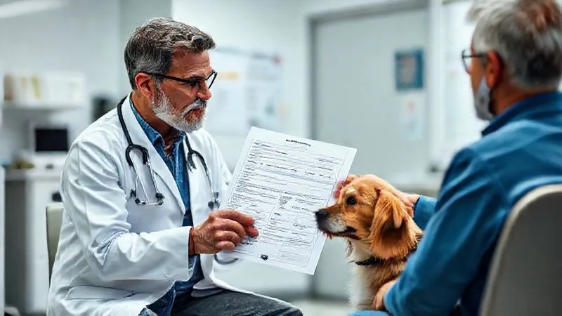 A photorealistic image of a veterinarian explaining a complex international health certificate form to a client, with a calm service dog sitting attentively beside them. The vet points to a specific section on the form. Cinematic lighting, sharp focus, depth of field blurring the clinic background, 8K hyper-detailed, shot on a high-end DSLR. A photorealistic image of a veterinarian explaining a complex international health certificate form to a client, with a calm service dog sitting attentively beside them. The vet points to a specific section on the form. Cinematic lighting, sharp focus, depth of field blurring the clinic background, 8K hyper-detailed, shot on a high-end DSLR.