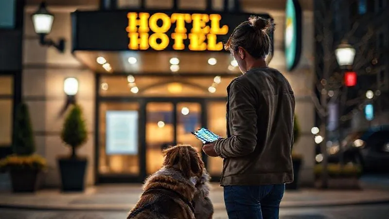 A photorealistic image of a person and their service dog looking at a map or phone screen, standing in front of a welcoming, well-lit hotel entrance at night. The scene conveys a sense of relief after a stressful travel day. Cinematic lighting, sharp focus on the person and dog, depth of field blurring the street, 8K hyper-detailed, shot on a high-end DSLR. A photorealistic image of a person and their service dog looking at a map or phone screen, standing in front of a welcoming, well-lit hotel entrance at night. The scene conveys a sense of relief after a stressful travel day. Cinematic lighting, sharp focus on the person and dog, depth of field blurring the street, 8K hyper-detailed, shot on a high-end DSLR.