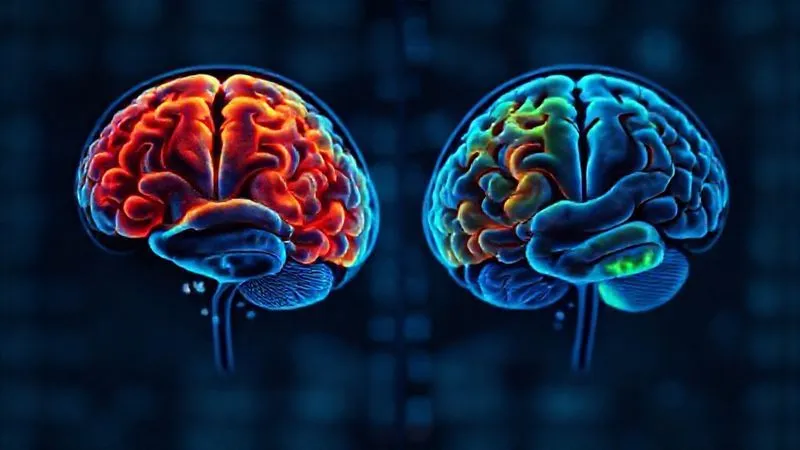 Photorealistic, professional photography, 8K, cinematic lighting, sharp focus, depth of field, shot on a high-end DSLR. A split image showing two brain scans: one on the left depicting areas of high activity and stress (red/orange) and one on the right showing balanced, calm brain activity with more blue/green areas, symbolizing the effect of a short wellness break. The transition is subtle and hopeful. Emotionally resonant, conveying the scientific impact of rest. Photorealistic, professional photography, 8K, cinematic lighting, sharp focus, depth of field, shot on a high-end DSLR. A split image showing two brain scans: one on the left depicting areas of high activity and stress (red/orange) and one on the right showing balanced, calm brain activity with more blue/green areas, symbolizing the effect of a short wellness break. The transition is subtle and hopeful. Emotionally resonant, conveying the scientific impact of rest.