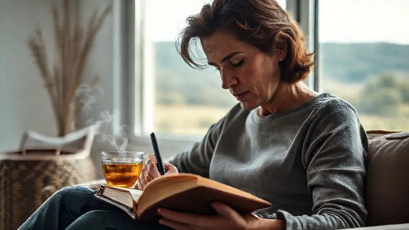 Photorealistic, professional photography, 8K, cinematic lighting, sharp focus, depth of field, shot on a high-end DSLR. A person, mid-30s, with a serene expression, sitting comfortably in a well-lit, minimalist room, gently writing in a leather-bound journal. A cup of herbal tea steams beside them, and a soft, natural landscape is visible through a large window in the background. The focus is on the act of thoughtful reflection. Emotionally resonant, conveying introspection and peaceful contemplation. Photorealistic, professional photography, 8K, cinematic lighting, sharp focus, depth of field, shot on a high-end DSLR. A person, mid-30s, with a serene expression, sitting comfortably in a well-lit, minimalist room, gently writing in a leather-bound journal. A cup of herbal tea steams beside them, and a soft, natural landscape is visible through a large window in the background. The focus is on the act of thoughtful reflection. Emotionally resonant, conveying introspection and peaceful contemplation.