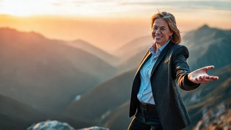 Photorealistic, professional photography, 8K, cinematic lighting, sharp focus, depth of field, shot on a high-end DSLR. A professional, mid-40s, standing confidently at the edge of a serene mountain vista at sunrise, arms slightly outstretched in a gesture of openness and empowerment. Their face shows a calm, determined smile. The background is a breathtaking, vibrant landscape, symbolizing new beginnings and clarity. Emotionally resonant, conveying strength, renewal, and readiness to tackle challenges. Photorealistic, professional photography, 8K, cinematic lighting, sharp focus, depth of field, shot on a high-end DSLR. A professional, mid-40s, standing confidently at the edge of a serene mountain vista at sunrise, arms slightly outstretched in a gesture of openness and empowerment. Their face shows a calm, determined smile. The background is a breathtaking, vibrant landscape, symbolizing new beginnings and clarity. Emotionally resonant, conveying strength, renewal, and readiness to tackle challenges.