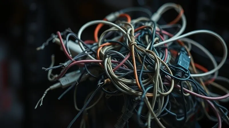 A close-up, photorealistic image of a tangled knot of electrical wires and cables, some frayed, against a dark, blurry background, symbolizing mental and emotional overwhelm and burnout. Cinematic lighting highlights the complexity and stress. Photorealistic, professional photography, 8K, cinematic lighting, sharp focus, depth of field, shot on a high-end DSLR. A close-up, photorealistic image of a tangled knot of electrical wires and cables, some frayed, against a dark, blurry background, symbolizing mental and emotional overwhelm and burnout. Cinematic lighting highlights the complexity and stress. Photorealistic, professional photography, 8K, cinematic lighting, sharp focus, depth of field, shot on a high-end DSLR.