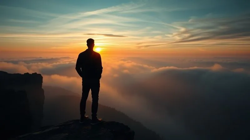 A solitary figure, seen from behind, standing at the edge of a cliff overlooking a vast, mist-shrouded mountain range during sunrise. The person is silhouetted against the dramatic sky, hands in pockets, conveying a sense of peace, contemplation, and awe. Photorealistic, professional photography, 8K, cinematic lighting, sharp focus on the figure and immediate foreground, depth of field blurring the distant mountains, shot on a high-end DSLR. A solitary figure, seen from behind, standing at the edge of a cliff overlooking a vast, mist-shrouded mountain range during sunrise. The person is silhouetted against the dramatic sky, hands in pockets, conveying a sense of peace, contemplation, and awe. Photorealistic, professional photography, 8K, cinematic lighting, sharp focus on the figure and immediate foreground, depth of field blurring the distant mountains, shot on a high-end DSLR.