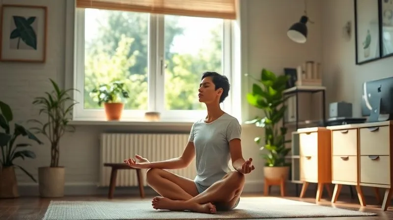 A person meditating in a sunlit, minimalist home office setting. The room is tidy and features natural elements like a small plant and a window overlooking a green space. The person is calm and focused, representing peace and integration of wellness practices into daily life. Photorealistic, professional photography, 8K, cinematic lighting, sharp focus on the person, depth of field blurring the background, shot on a high-end DSLR. A person meditating in a sunlit, minimalist home office setting. The room is tidy and features natural elements like a small plant and a window overlooking a green space. The person is calm and focused, representing peace and integration of wellness practices into daily life. Photorealistic, professional photography, 8K, cinematic lighting, sharp focus on the person, depth of field blurring the background, shot on a high-end DSLR.