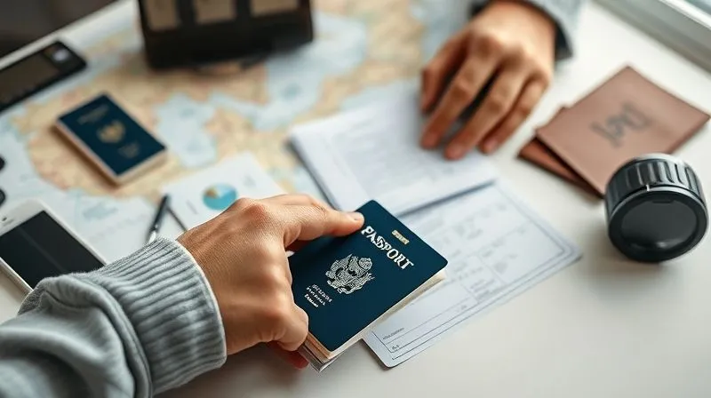 A photorealistic image of a traveler meticulously organizing physical and digital documents (passport, insurance card, medical notes) on a clean desk, a map subtly visible in the background. Soft, natural lighting, sharp focus on the hands and documents, depth of field blurring the background. 8K hyper-detailed, professional photography, shot on a high-end DSLR. A photorealistic image of a traveler meticulously organizing physical and digital documents (passport, insurance card, medical notes) on a clean desk, a map subtly visible in the background. Soft, natural lighting, sharp focus on the hands and documents, depth of field blurring the background. 8K hyper-detailed, professional photography, shot on a high-end DSLR.