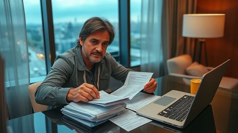 A photorealistic image of a traveler, looking slightly tired but relieved, carefully organizing a stack of medical receipts and insurance claim forms on a hotel room desk. A laptop is open nearby, and a foreign city skyline is visible through the window. Warm, soft lighting, sharp focus on the documents, depth of field blurring the background. 8K hyper-detailed, professional photography, shot on a high-end DSLR. A photorealistic image of a traveler, looking slightly tired but relieved, carefully organizing a stack of medical receipts and insurance claim forms on a hotel room desk. A laptop is open nearby, and a foreign city skyline is visible through the window. Warm, soft lighting, sharp focus on the documents, depth of field blurring the background. 8K hyper-detailed, professional photography, shot on a high-end DSLR.