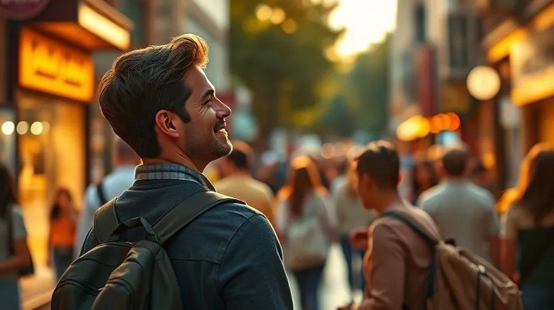 A photorealistic image of a solo traveler, looking confidently at a bustling street, perhaps exchanging a friendly glance with another traveler, symbolizing connection and community. The setting is vibrant and international. Golden hour lighting, sharp focus on the interaction, depth of field blurring the background. 8K hyper-detailed, professional photography, shot on a high-end DSLR. A photorealistic image of a solo traveler, looking confidently at a bustling street, perhaps exchanging a friendly glance with another traveler, symbolizing connection and community. The setting is vibrant and international. Golden hour lighting, sharp focus on the interaction, depth of field blurring the background. 8K hyper-detailed, professional photography, shot on a high-end DSLR.