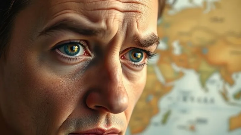 A photorealistic close-up image of a person's face, showing a mix of anxiety and determination, with the blurred background representing a map and travel destinations. Cinematic lighting, sharp focus on the eyes, 8K.