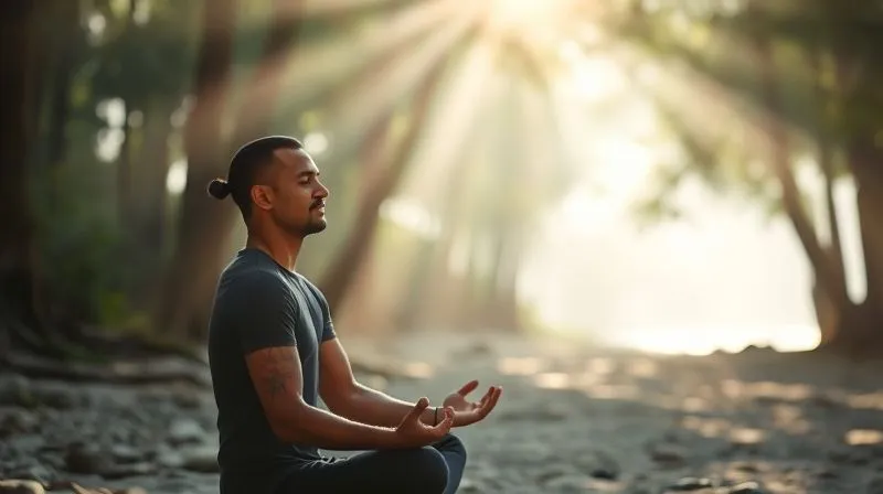 A photorealistic image of a person meditating in a serene natural setting, such as a forest or beach, with sunlight streaming through the trees. Soft, diffused lighting, sharp focus on the person's face, 8K.