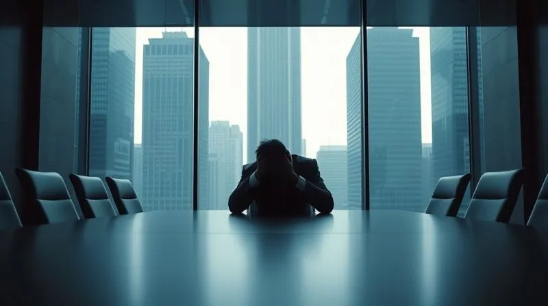 Photorealistic, professional photography, 8K, cinematic lighting, sharp focus, depth of field, shot on a high-end DSLR. A silhouetted executive sits slumped at a large, empty boardroom table, head in hands, surrounded by tall, imposing skyscrapers visible through the window, conveying extreme exhaustion and isolation. The lighting is dim and melancholic. The scene evokes a sense of overwhelming pressure and solitude within a corporate environment. Photorealistic, professional photography, 8K, cinematic lighting, sharp focus, depth of field, shot on a high-end DSLR. A silhouetted executive sits slumped at a large, empty boardroom table, head in hands, surrounded by tall, imposing skyscrapers visible through the window, conveying extreme exhaustion and isolation. The lighting is dim and melancholic. The scene evokes a sense of overwhelming pressure and solitude within a corporate environment.