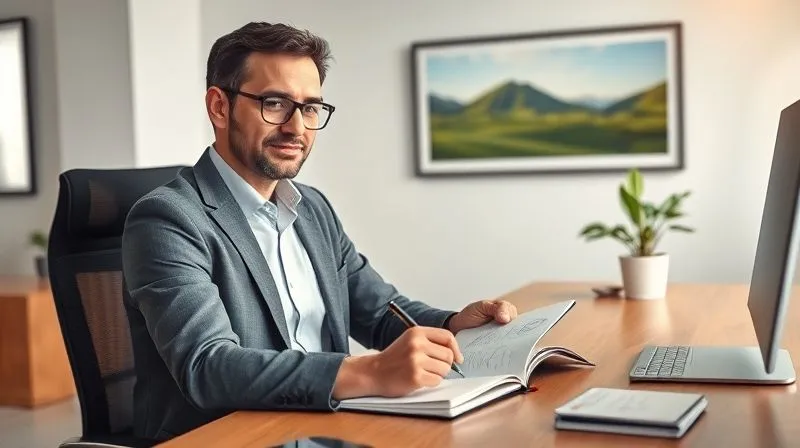 Photorealistic, professional photography, 8K, cinematic lighting, sharp focus, depth of field, shot on a high-end DSLR. A professional executive, looking refreshed and confident, sits at a modern office desk, calmly sketching ideas in a notebook. A small, vibrant plant is on the desk, and a framed photo of a serene natural landscape is subtly visible in the background. The lighting is bright and optimistic, conveying a sense of renewed purpose and balance. Photorealistic, professional photography, 8K, cinematic lighting, sharp focus, depth of field, shot on a high-end DSLR. A professional executive, looking refreshed and confident, sits at a modern office desk, calmly sketching ideas in a notebook. A small, vibrant plant is on the desk, and a framed photo of a serene natural landscape is subtly visible in the background. The lighting is bright and optimistic, conveying a sense of renewed purpose and balance.