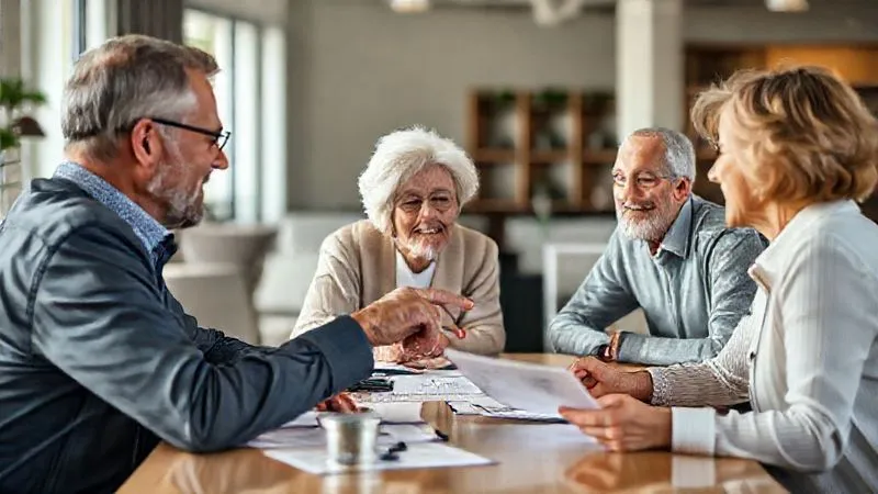 A photorealistic, professional photography, 8K, cinematic lighting shot of a diverse group of people, including an elderly couple, sitting around a table with a professional, empathetic insurance broker. The broker is pointing to documents, explaining details with a reassuring smile. The setting is a modern, comfortable office with soft, natural light. Sharp focus on the interaction, depth of field blurring the background office elements. Shot on a high-end DSLR. A photorealistic, professional photography, 8K, cinematic lighting shot of a diverse group of people, including an elderly couple, sitting around a table with a professional, empathetic insurance broker. The broker is pointing to documents, explaining details with a reassuring smile. The setting is a modern, comfortable office with soft, natural light. Sharp focus on the interaction, depth of field blurring the background office elements. Shot on a high-end DSLR.