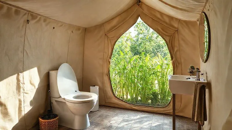 photorealistic, professional photography, 8K, cinematic lighting, sharp focus, depth of field, shot on a high-end DSLR. A beautifully designed, modern composting toilet integrated seamlessly into a luxurious glamping tent bathroom, with natural light streaming in. The toilet appears clean, sleek, and high-tech, dispelling any negative stereotypes. Lush green plants are visible outside a large window, emphasizing the connection to nature and sustainability. photorealistic, professional photography, 8K, cinematic lighting, sharp focus, depth of field, shot on a high-end DSLR. A beautifully designed, modern composting toilet integrated seamlessly into a luxurious glamping tent bathroom, with natural light streaming in. The toilet appears clean, sleek, and high-tech, dispelling any negative stereotypes. Lush green plants are visible outside a large window, emphasizing the connection to nature and sustainability.
