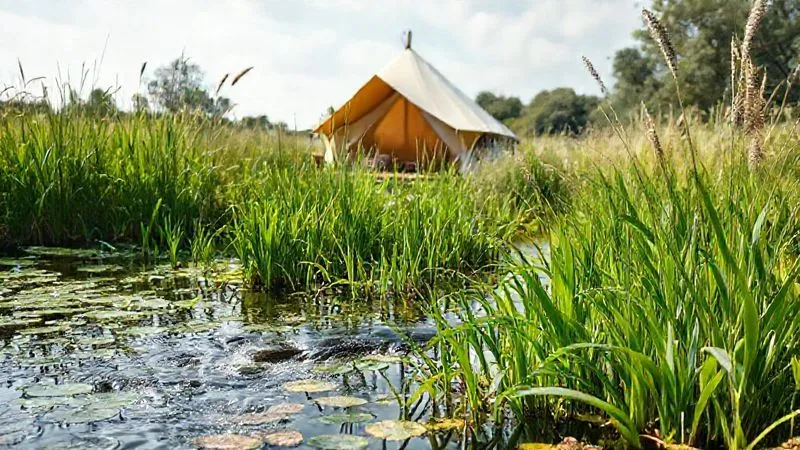 photorealistic, professional photography, 8K, cinematic lighting, sharp focus, depth of field, shot on a high-end DSLR. A serene, small-scale constructed wetland system seamlessly integrated into a glamping site landscape, treating greywater. Lush green reeds and aquatic plants are thriving, with clear water flowing gently. A luxurious glamping tent is visible in the background, subtly connected to this natural purification process, emphasizing eco-conscious design. photorealistic, professional photography, 8K, cinematic lighting, sharp focus, depth of field, shot on a high-end DSLR. A serene, small-scale constructed wetland system seamlessly integrated into a glamping site landscape, treating greywater. Lush green reeds and aquatic plants are thriving, with clear water flowing gently. A luxurious glamping tent is visible in the background, subtly connected to this natural purification process, emphasizing eco-conscious design.