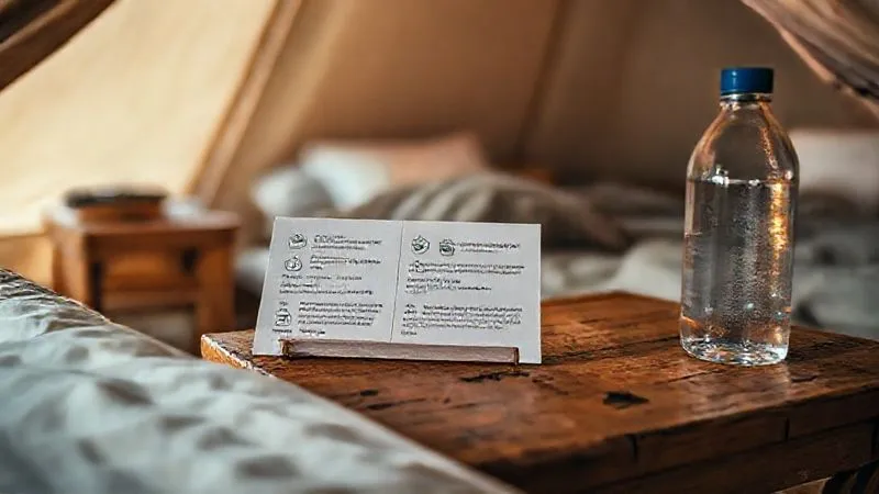 photorealistic, professional photography, 8K, cinematic lighting, sharp focus, depth of field, shot on a high-end DSLR. Inside a cozy, well-lit glamping tent, a beautifully designed, minimalist informational card sits on a rustic wooden bedside table next to a reusable water bottle. The card has clear icons and text gently explaining eco-friendly practices, including waste sorting and water conservation, for guests. The atmosphere is inviting and educational, not preachy. photorealistic, professional photography, 8K, cinematic lighting, sharp focus, depth of field, shot on a high-end DSLR. Inside a cozy, well-lit glamping tent, a beautifully designed, minimalist informational card sits on a rustic wooden bedside table next to a reusable water bottle. The card has clear icons and text gently explaining eco-friendly practices, including waste sorting and water conservation, for guests. The atmosphere is inviting and educational, not preachy.