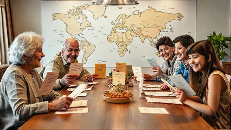 A photorealistic image of a diverse family (grandparents, parents, teens, young children) sitting around a large dining table, each person holding a small, colorful paper with their written travel wishes. They are smiling and engaged in conversation, with a large world map in the background. Cinematic lighting, sharp focus on the family and their lists, depth of field blurring the background slightly. Professional photography, 8K. A photorealistic image of a diverse family (grandparents, parents, teens, young children) sitting around a large dining table, each person holding a small, colorful paper with their written travel wishes. They are smiling and engaged in conversation, with a large world map in the background. Cinematic lighting, sharp focus on the family and their lists, depth of field blurring the background slightly. Professional photography, 8K.