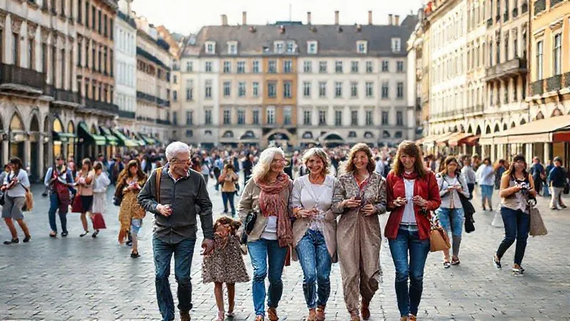 A photorealistic wide shot of a bustling European city square. In the foreground, a multi-generational family group (grandparents, parents, children) are happily walking together, engaged in conversation, representing an 'anchor activity'. In the mid-ground, smaller groups of people (some seemingly families, some individuals) are seen doing different things – reading, having coffee, taking photos – representing 'free flow'. Soft morning light, 8K, cinematic, sharp focus on the foreground family, subtle depth of field. Professional photography. A photorealistic wide shot of a bustling European city square. In the foreground, a multi-generational family group (grandparents, parents, children) are happily walking together, engaged in conversation, representing an 'anchor activity'. In the mid-ground, smaller groups of people (some seemingly families, some individuals) are seen doing different things – reading, having coffee, taking photos – representing 'free flow'. Soft morning light, 8K, cinematic, sharp focus on the foreground family, subtle depth of field. Professional photography.