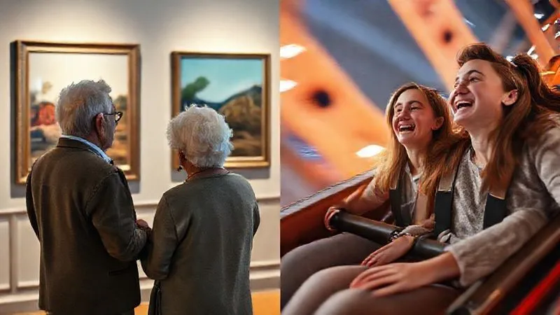 A photorealistic split image. On one side, two grandparents are quietly admiring a painting in an elegant art gallery, soft lighting, calm atmosphere. On the other side, two teenagers are laughing excitedly on a roller coaster, dynamic motion blur, bright lights. Both scenes are captured with professional photography, 8K, sharp focus on the subjects, depth of field. The split is clean and artistic, showing contrasting but equally joyful activities within a single frame. A photorealistic split image. On one side, two grandparents are quietly admiring a painting in an elegant art gallery, soft lighting, calm atmosphere. On the other side, two teenagers are laughing excitedly on a roller coaster, dynamic motion blur, bright lights. Both scenes are captured with professional photography, 8K, sharp focus on the subjects, depth of field. The split is clean and artistic, showing contrasting but equally joyful activities within a single frame.