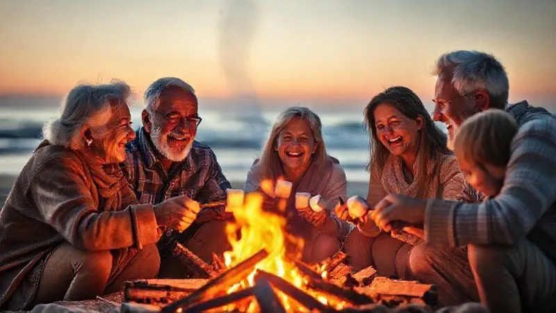 A photorealistic heartwarming scene of a multi-generational family (grandparents, parents, children) gathered around a campfire at dusk on a beach. They are roasting marshmallows, laughing, and sharing stories, their faces illuminated by the warm glow of the fire. The ocean is softly visible in the background. Professional photography, 8K, cinematic lighting, sharp focus on the family, depth of field blurring the distant waves. Emotional, authentic moment. A photorealistic heartwarming scene of a multi-generational family (grandparents, parents, children) gathered around a campfire at dusk on a beach. They are roasting marshmallows, laughing, and sharing stories, their faces illuminated by the warm glow of the fire. The ocean is softly visible in the background. Professional photography, 8K, cinematic lighting, sharp focus on the family, depth of field blurring the distant waves. Emotional, authentic moment.