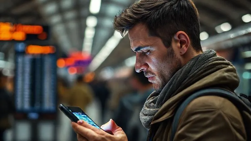 photorealistic, professional photography, 8K, cinematic lighting, sharp focus, depth of field, shot on a high-end DSLR. A traveler at a bustling European train station, looking intently at a smartphone screen displaying a train schedule, with a blurred train departure board in the background. The traveler's expression shows focused problem-solving, with a subtle glow from the phone illuminating their face. photorealistic, professional photography, 8K, cinematic lighting, sharp focus, depth of field, shot on a high-end DSLR. A traveler at a bustling European train station, looking intently at a smartphone screen displaying a train schedule, with a blurred train departure board in the background. The traveler's expression shows focused problem-solving, with a subtle glow from the phone illuminating their face.