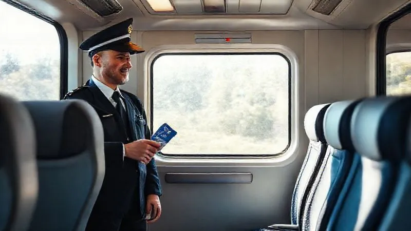 photorealistic, professional photography, 8K, cinematic lighting, sharp focus, depth of field, shot on a high-end DSLR. The interior of a modern European train carriage, with a friendly train conductor in uniform pointing towards an empty seat for a grateful traveler holding an Interrail pass. Soft, natural light streams through the window, creating a warm, inviting atmosphere. photorealistic, professional photography, 8K, cinematic lighting, sharp focus, depth of field, shot on a high-end DSLR. The interior of a modern European train carriage, with a friendly train conductor in uniform pointing towards an empty seat for a grateful traveler holding an Interrail pass. Soft, natural light streams through the window, creating a warm, inviting atmosphere.