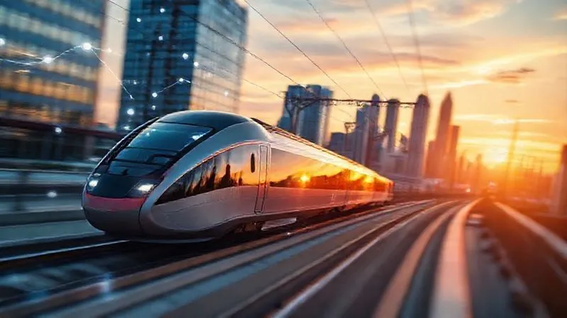photorealistic, professional photography, 8K, cinematic lighting, sharp focus, depth of field, shot on a high-end DSLR. A sleek, futuristic high-speed train gliding through a modern European city at sunset, with digital overlays of interconnected routes and glowing data streams, symbolizing innovation and a seamless future for train travel. A sense of optimism and efficiency. photorealistic, professional photography, 8K, cinematic lighting, sharp focus, depth of field, shot on a high-end DSLR. A sleek, futuristic high-speed train gliding through a modern European city at sunset, with digital overlays of interconnected routes and glowing data streams, symbolizing innovation and a seamless future for train travel. A sense of optimism and efficiency.